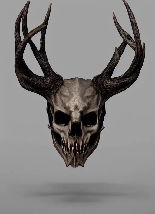 Image similar to deer skull mask ultra detailed fantasy, elden ring, realistic, dnd character portrait, full body, dnd, rpg, lotr game design fanart by concept art, behance hd, artstation, deviantart, global illumination radiating a glowing aura global illumination ray tracing hdr render in unreal engine 5