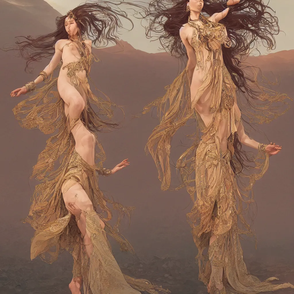 Image similar to a goddess dancing in the desert, symmetrical face, fantasy, intricate and very beautiful and elegant, highly detailed, digital painting, artstation, concept art, smooth and sharp focus, illustration, art by tan zi and ayanamikodon and alphonse mucha and wlop