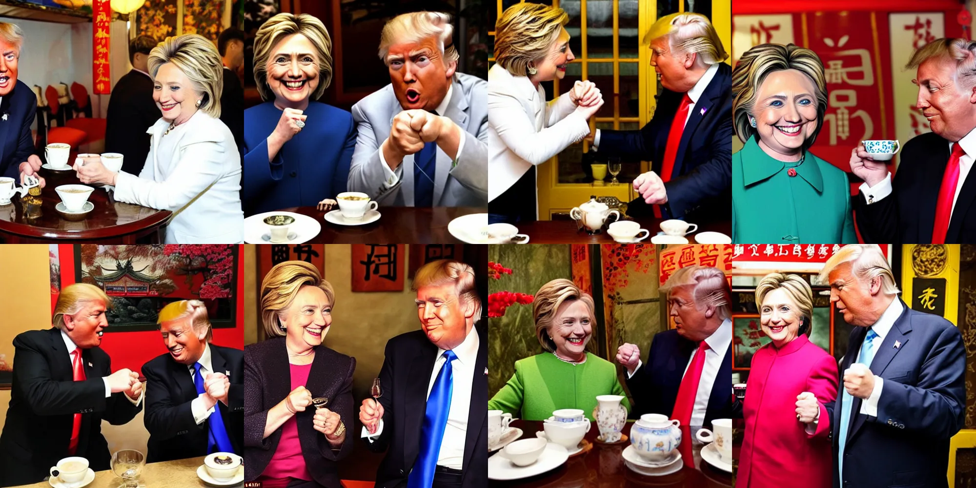 Prompt: hillary clinton and donald trump drinking chinese tea in a chinese tea house, smiling, fist bumping, friends