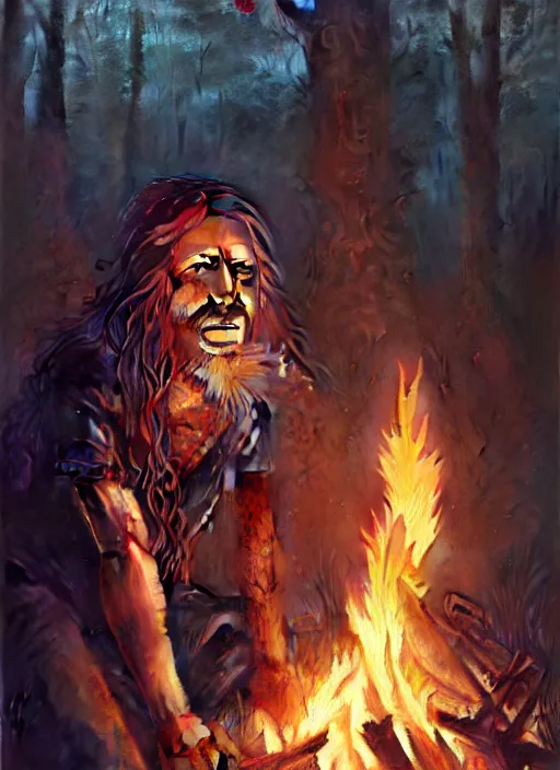 Prompt: highly detailed portrait of long - haired hillbilly around a bonfire, stephen bliss, unreal engine, art by greg rutkowski, loish, rhads, ferdinand knab, makoto shinkai and lois van baarle, artgerm, pixar, ilya kuvshinov, rossdraws, tom bagshaw, global illumination