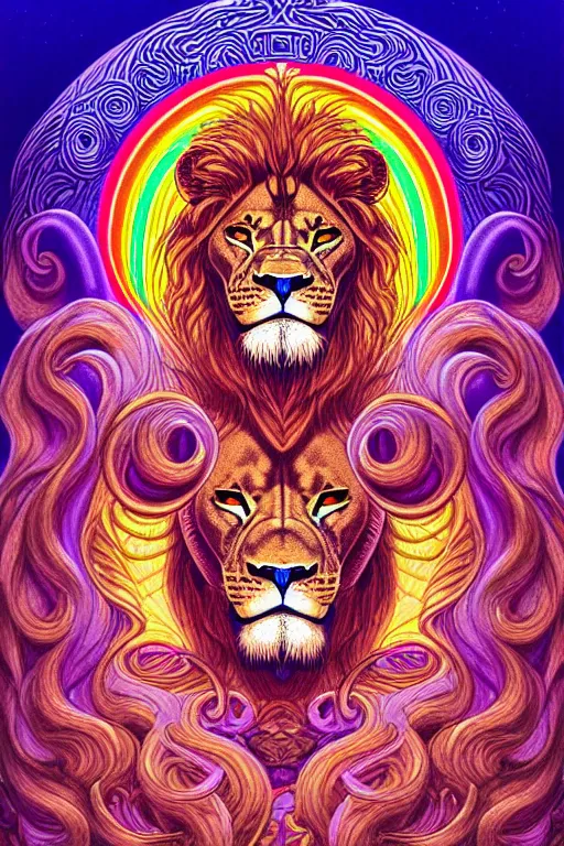 Image similar to illustration of a buff humanoid lion with prismatic healing waves emanating all around, rainbows, spirals, fractal, intricate linework, in the style of moebius, ayami kojima, 1 9 9 0's anime, retro fantasy