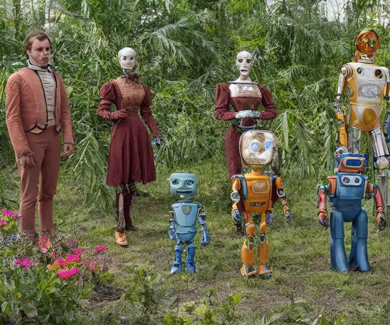 Prompt: 70mm film still from a sci fi blockbuster color movie made in 2019, set in 1860, of a human family standing in a park, next to some alien plants and flowers, their cute humanoid robot is standing next to them, on an alien planet, the family are all wearing 1850s era clothes, good lighting, good photography