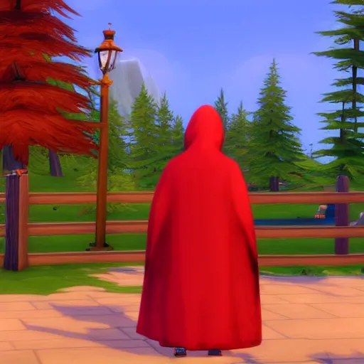 Image similar to a red hooded wizard holding a bell in sims 4 screenshot