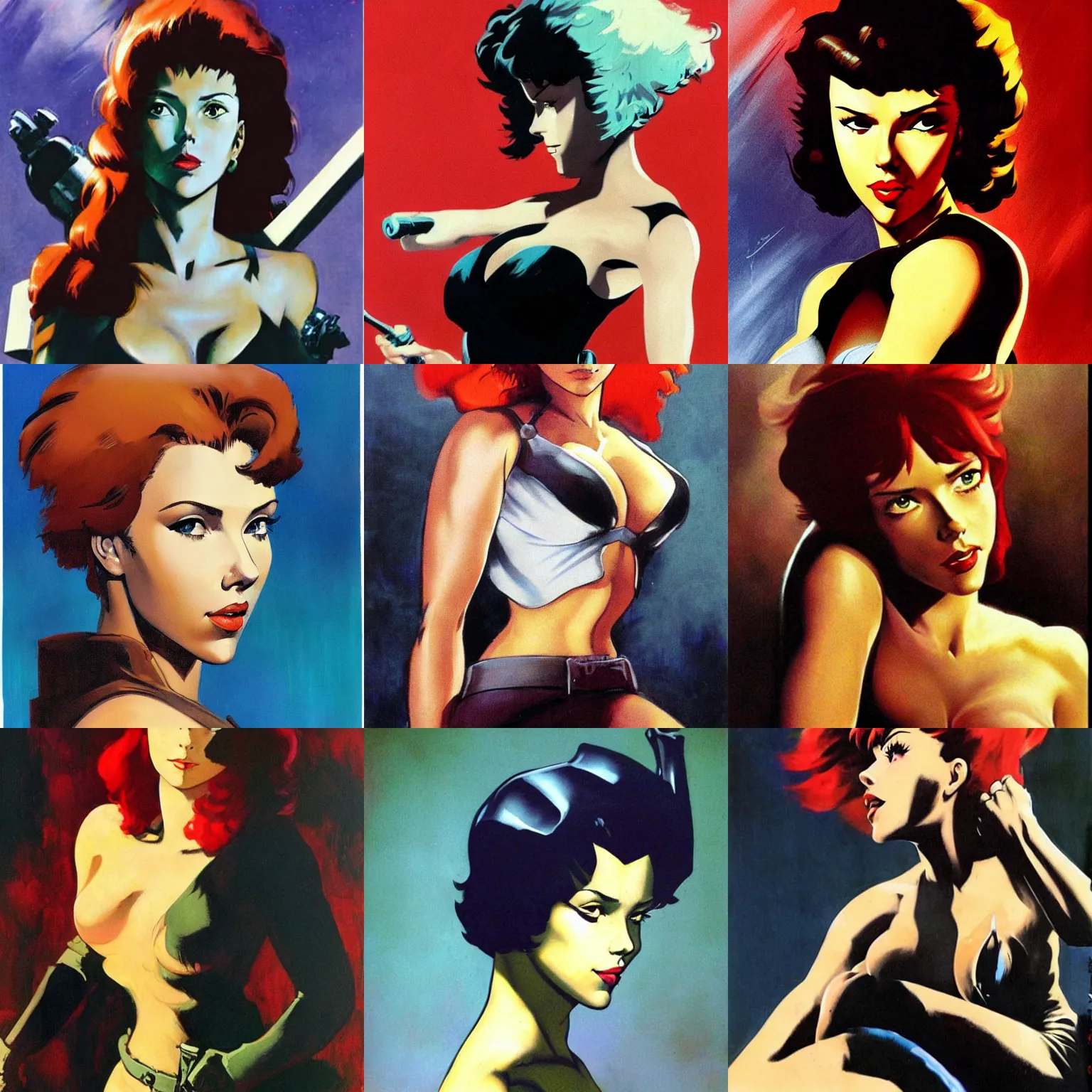 Prompt: frank frazetta portrait of scarlett johansson in cowboy bebop