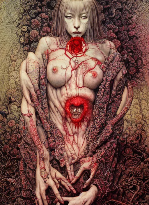 Prompt: realistic detailed image of a nurse performing an occult ritual in an old soviet public bathroom by Ayami Kojima, and Mark Brooks, Neo-Gothic, gothic, rich deep colors. Beksinski painting. art by Takato Yamamoto. masterpiece. ultra details, high quality, high resolution .