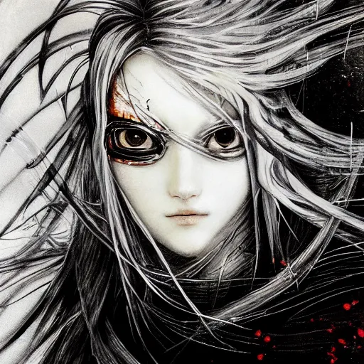 Image similar to yoshitaka amano blurred and dreamy illustration of an anime girl with pirate eye patch, wavy white hair and cracks on her face wearing elden ring armour with the cape fluttering in the wind, abstract black and white patterns on the background, noisy film grain effect, highly detailed, renaissance oil painting, weird portrait angle