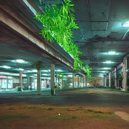 Prompt: a indoor abandoned parking lot with overgrown plants, neon, cyberpunk, art by Simon Stalenhag, cinematic, 4k