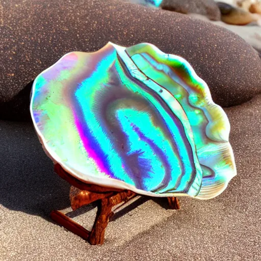 Prompt: beach chair made of large iridescent abalone shell, nacre, driftwood, sunny 35 mm product photo
