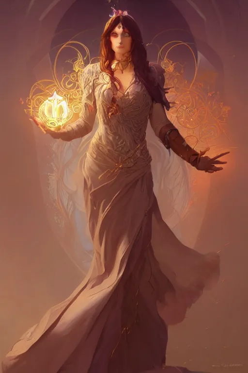 Prompt: beautiful sorceress, accurate anatomy, only two hands, highly detailed, digital painting, artstation, concept art, smooth, sharp focus, illustration, Unreal Engine 5, 8K, art by Artgerm and greg rutkowski and alphonse Mucha