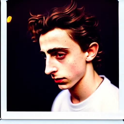 Image similar to photo of timothee chalamet, facing the camera, kodak ektachrome, portrait, close up, kodak gold 2 0 0, 5 0 mm, fuji 8 0 0, polaroid, night time, bonfire, low light