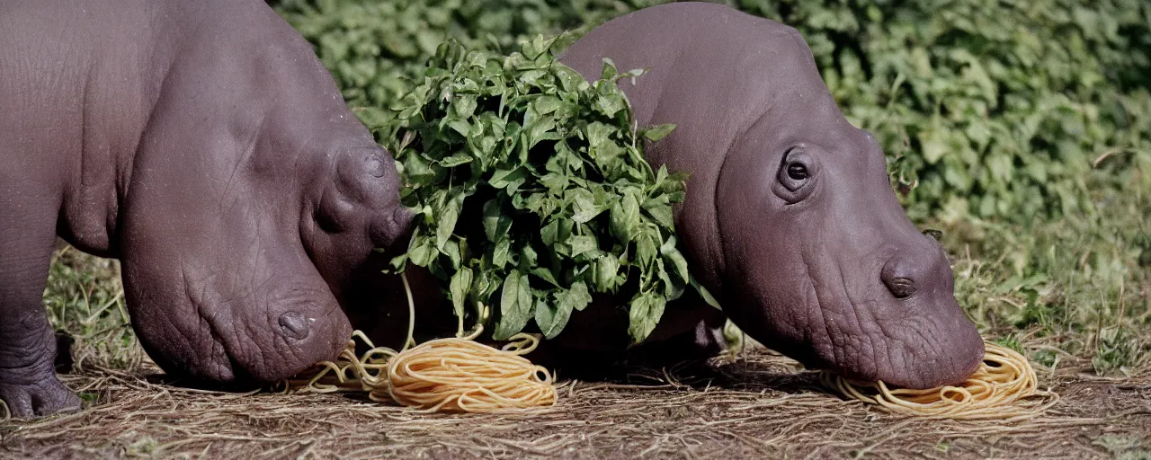 Prompt: a single hippo eating spaghetti off a bush, in the style of national geographic, canon 5 0 mm, film, kodachrome, retro, muted