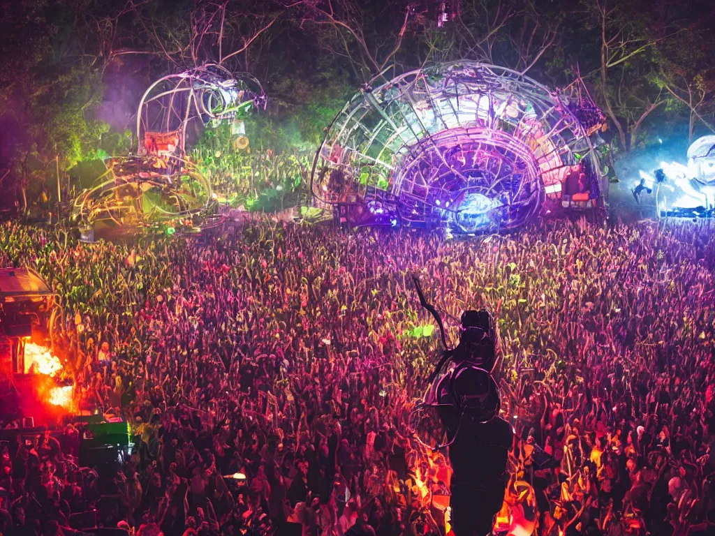 Image similar to a cyborg dj is playing a vast array of highly evolved musical technology on a stage surrounded by an incredible and complex circular robotic structure playing highly evolved music overlooking a crowd at a forest festival lit by fire