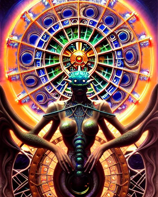 Image similar to the wheel of fortune tarot card, fantasy character portrait made of fractals, ultra realistic, wide angle, intricate details, the fifth element artifacts, highly detailed by peter mohrbacher, hajime sorayama, wayne barlowe, boris vallejo, aaron horkey, gaston bussiere, craig mullins