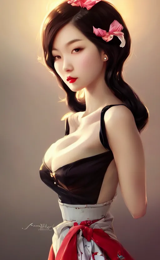 Image similar to a pin up and beautiful fashion charming dreamlke korea girl with lv jewelry, character art, art by artgerm lau and wlop and and ilya kuvshinov and john singer sargent, hyperdetailed, 8 k realistic, symmetrical, frostbite 3 engine, cryengine, dof, trending on artstation, digital art