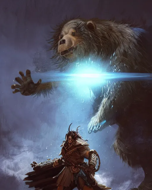 Prompt: Laughing Bear Musician, Warrior, magic the gathering artwork, D&D, fantasy, cinematic lighting, centered, symmetrical, highly detailed, digital painting, artstation, concept art, smooth, sharp focus, illustration, volumetric lighting, epic Composition, 8k, art by Akihiko Yoshida and Greg Rutkowski and Craig Mullins, oil painting, cgsociety