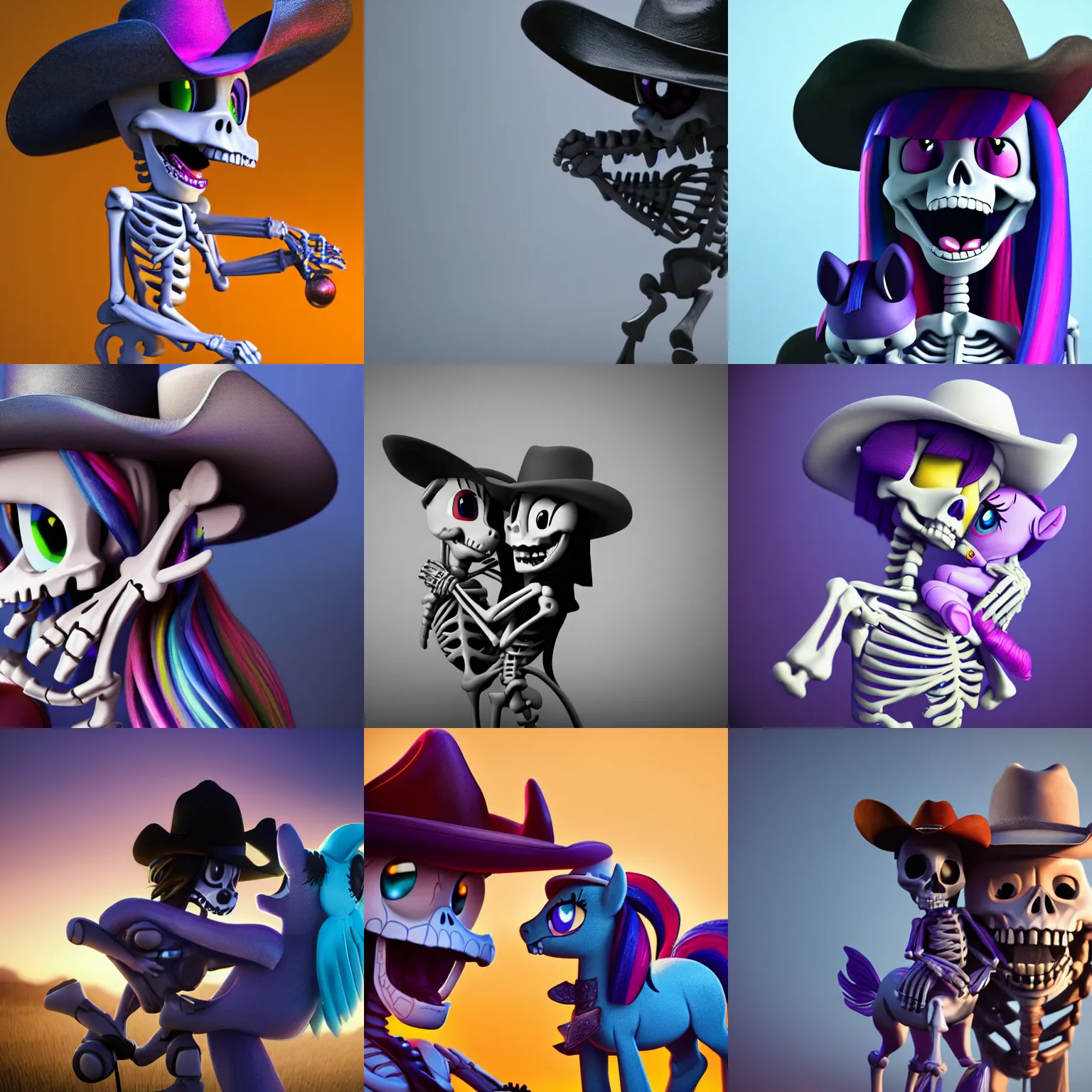 Prompt: a cartoon skeleton in a cowboy hat hugging a pony ( twilight sparkle ) from my little pony. painting octane render. trending. cinematic. epic. highly detailed. 8 k