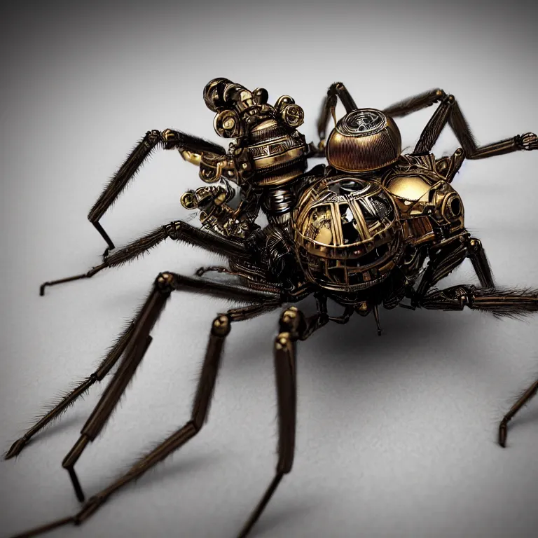 Image similar to a close up of an beautiful steampunk robotic spider inspired, unreal engine realistic render, high detailed face, photorealism, golden ratio, hyper - realistic 3 d, insanely super detailed, realistic octane render, 1 6 k, fashion photography, micro detail, backlit lighting, face in focus, subsurface scattering, thin porcelain