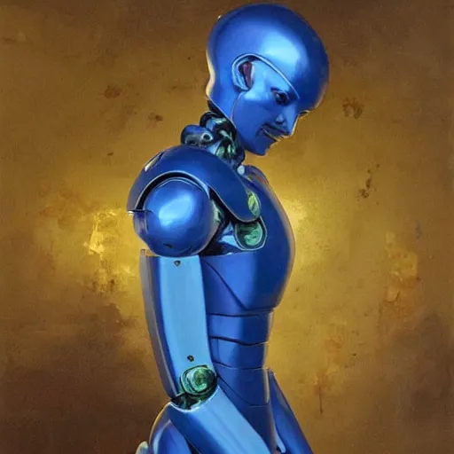 Image similar to a humanoid robot, with blue skin, green metallic joints exposed, golden armour moulded onto its torso. it's head is smooth, with circular eyes that glow. fantasy painting by greg rutkowski