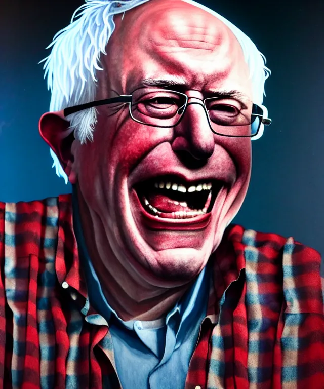 Image similar to hyperrealistic mixed media painting of Bernie Sanders as a laughing drunk, tattered plaid shirt, dimly lit dive bar, stunning 3d render inspired art by P. Craig Russell and Barry Windsor-Smith + perfect facial symmetry + dim volumetric lighting, 8k octane beautifully detailed render, post-processing, extremely hyperdetailed, intricate, epic composition, grim yet sparkling atmosphere, cinematic lighting + masterpiece, trending on artstation, very very detailed, masterpiece, stunning