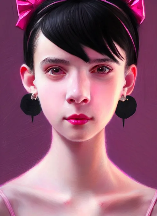 Image similar to portrait of teenage girl, realistic, black hair, bangs, half updo hairstyle, pointy nose, skinny, smile, ugly, defined jawline, big chin, pink hair bow, earrings, intricate, elegant, glowing lights, highly detailed, digital painting, artstation, sharp focus, illustration, art by wlop, mars ravelo and greg rutkowski