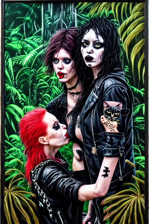 Image similar to punk rock girls kissing and making selfie with black cats in jungle , 1980 style, mad max jacket, post apocalyptic, Cyberpunk, renaissance, Gothic, mystic, highly detailed, 4k, fog, oil painting on canvas, Kubrick movie, hyper realistic style, fantasy by Olga Fedorova