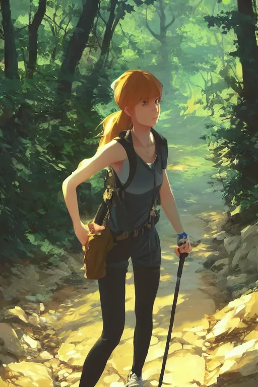 Prompt: a girl on a hiking trail, full shot, fine - face, realistic shaded perfect body, fine details. night setting. very anime style. realistic shaded lighting poster by ilya kuvshinov katsuhiro, magali villeneuve, artgerm, jeremy lipkin and michael garmash, rob rey and kentaro miura style, trending on art station