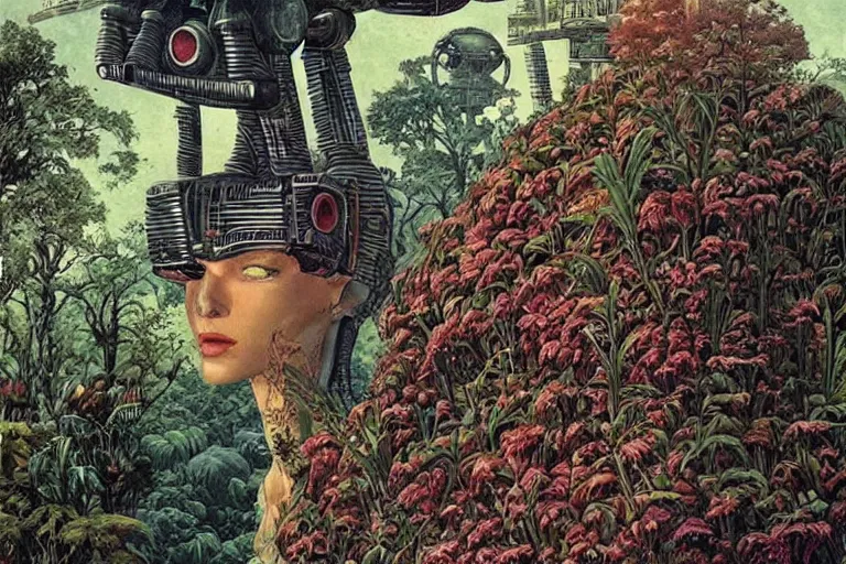 Image similar to gigantic robot - girl head floating in the space, a lot of exotic plants, trees, flowers, oldschool vintage sci - fi flat surreal grainy design, super - detailed, painting by enki bilal and moebius