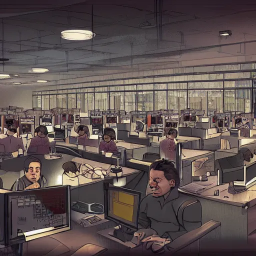 Image similar to a nightmarish office call centre with all the workers on fire. highly detailed. intricate ink and matte painting