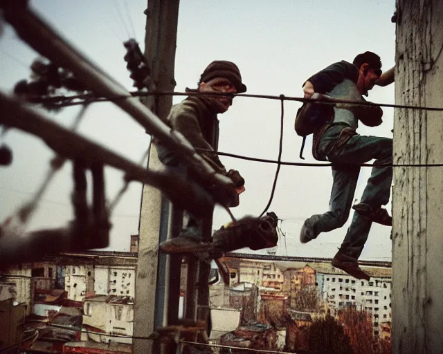 Image similar to lomo photo of roofjumpers climbing on roof of soviet hrushevka, small town, cinestill, bokeh, out of focus