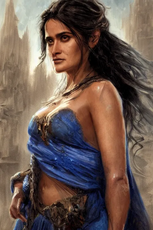 Prompt: portrait, Salma Hayek , sorceress, dressed in tattered blue dress and cloak , face portrait, raphael lacoste, eddie mendoza, alex ross, concept art, matte painting, highly detailed, rule of thirds, dynamic lighting, cinematic, detailed, denoised, centred