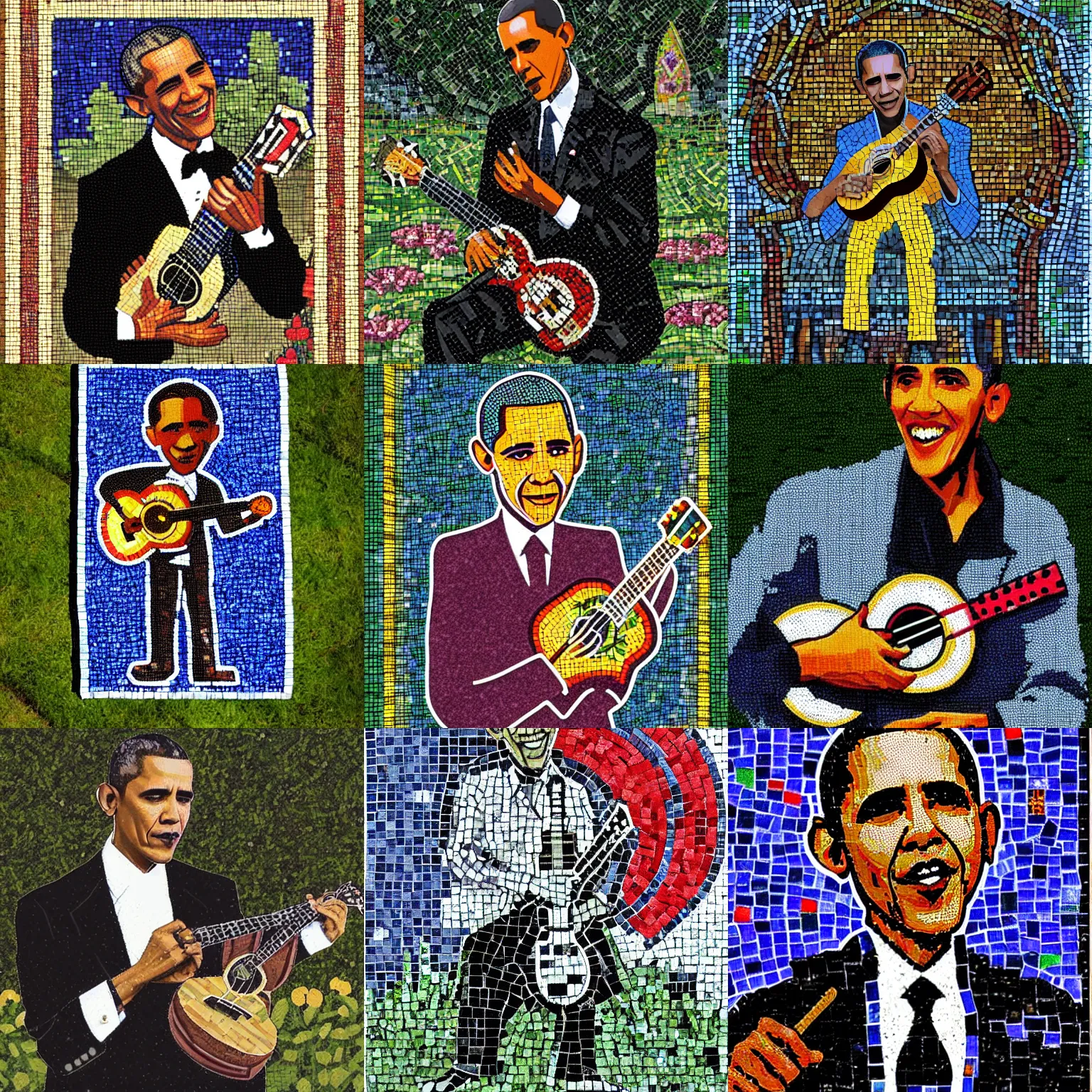 Prompt: gothic style barack obama playing an ukulele in a garden. mosaic style