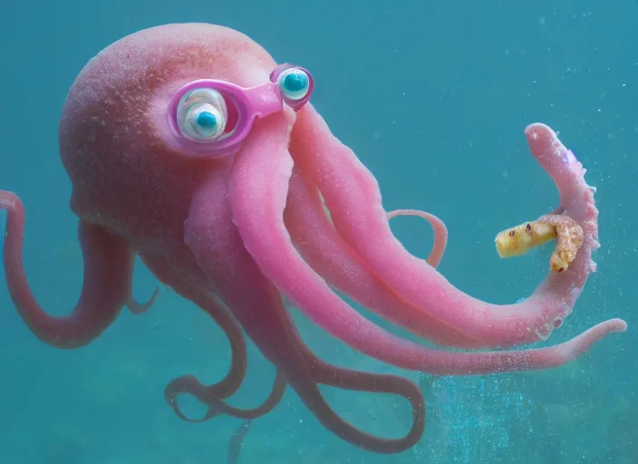 Image similar to underwater photo still of a squid with a donut on its head, 4 k, 8 5 mm, f 1 6