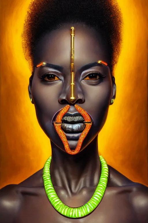 Image similar to detailed portrait of a beautiful African female with face augmentations, strong neon lighting, Afrofuturism, extravagant mechanical gold jewelry, by glenn fabry, hyper realistic, HD, oil on canvas