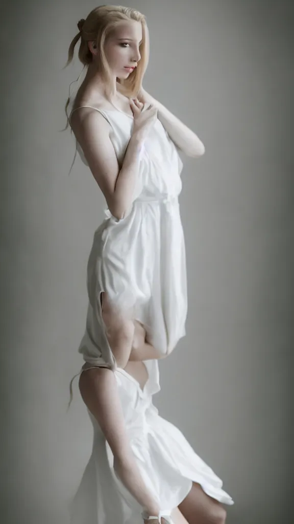 Prompt: an extremely beautiful studio photo of emily skinner, looking like annie leonhart, wearing heels and white dress, in a white room, pale skin, bokeh, very very very very beautiful!!, hard focus, sexy pose, full body shot, 9 0 mm, f / 1. 2 5