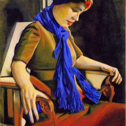 Image similar to A beautiful computer art of a lady with a blue scarf on her head, sitting in a chair with her eyes closed. by Giacomo Balla, by Hans Thoma