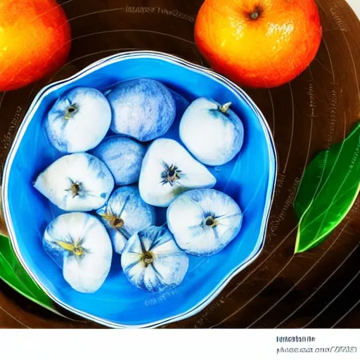 Image similar to a blue apple in a bowl of oranges, top view, white background