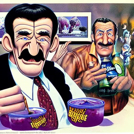 Image similar to promotional art for the movie'unless you hate bullruns ', barry chuckle preparing a batch of purple oil drink, hyperreal detailed facial features and uv lighting, art by ed roth and basil wolverton