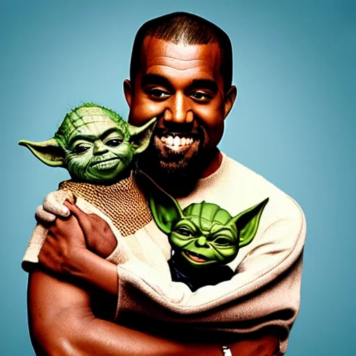 Image similar to kanye west smiling and holding holding yoda for a 1 9 9 0 s sitcom tv show, studio photograph, portrait