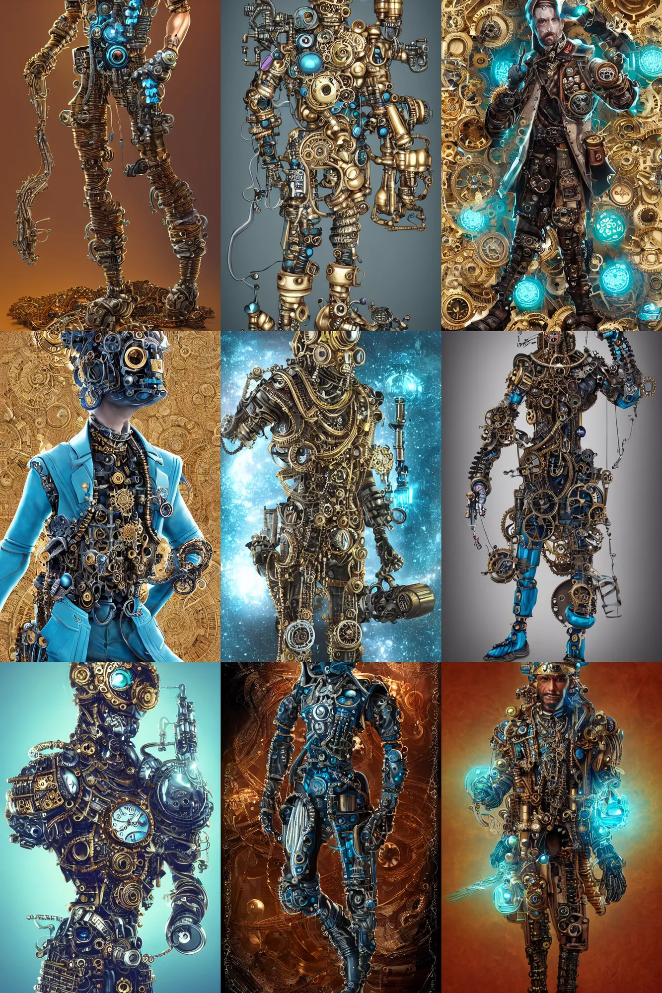 Prompt: full body portrait of a steampunk sci-fi cyborg pirate bionic man, third person, D&D, sci-fi fantasy, cogs and springs and jewels, intricate, gold with blue and teal fringe highlights, highly detailed, art by Range Murata, highly detailed, 3d, octane render, bright colors, digital painting, trending on artstation, sharp focus, illustration style of Stanley Artgerm, dramatic backdrop of your choice