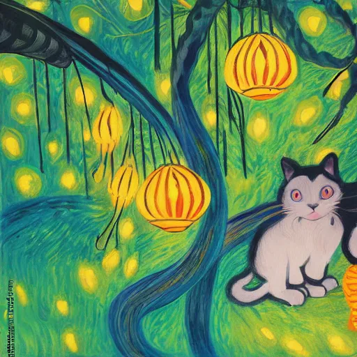 Image similar to detailed painting of cats and caterpillars at a carnival at night watching paper lanterns, in the style of eyvind earle and claude monet and vincent van gogh