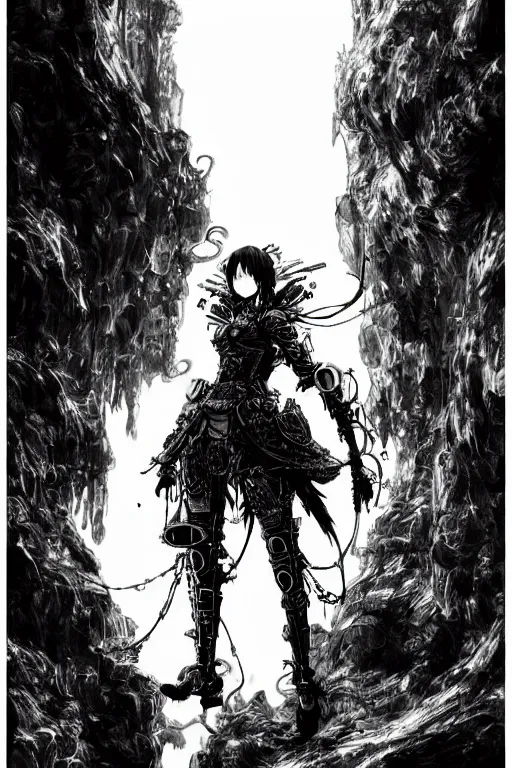 Image similar to a vertical portrait of a character in a scenic environment by Yoshitaka Amano and Nihei Tsutomu, black and white, dreamy, steampunk armor, black hair, highly detailed