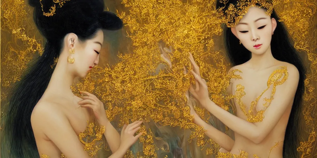 Image similar to asian nymph bald goddess, flowing golden silk twisting with whiten tattoos of cursive sigils on her opalescent skin, fantasy, intricate, very beautiful, elegant, golden light, highly detailed, oil painting by mai xuan thu