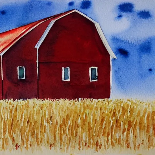 Prompt: watercolor painting. A red farm house with a gambrel style roof. It's standing in the middle of a wheat field