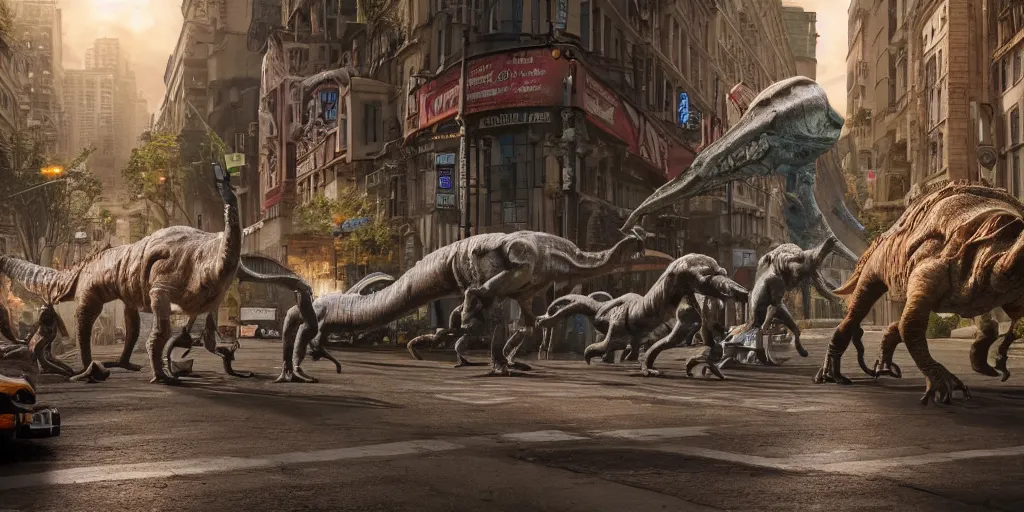 Image similar to a photographic picture of a street full of dinosaurs, photographic filter, unreal engine 5, realistic, hyperdetailed, 8 k, cinematic, volumetric lighting, very realistic effect, hd, hdr, 4 k, sharp focus, octane render, ultra detailed, high resolution, trending on artstation in the style of albert dros glowing rich colors powerful imagery