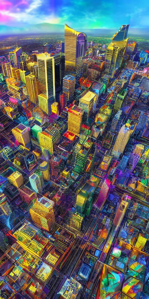 Image similar to hyper realistic photo of calgary downtown city view, 1 6 k, hyper realistic, fractal art, art station, coherent design, symmetrical, vivid colour, complementary colour, golden ratio, detailed, sharp lines, intricate, rainbow shift, in unreal 3 d engine, ray tracing, octane render