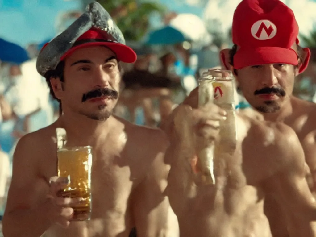 Image similar to Close up of Mario with a beer in a hat in Harmony Korine Spring Breakers film aesthetic!!! photorealistic