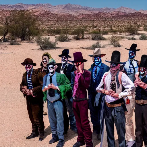 Prompt: a crowd of jokers from joker (2019) standing next to each other with their hands clasped below their belts in the desert, 8k, cinematic, dslr,