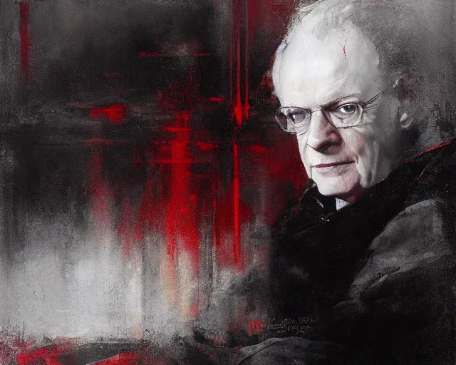 Prompt: portrait of palpatine ian mcdiarmid in shades of grey but with red by jeremy mann