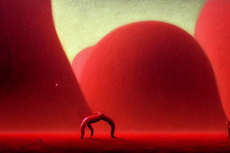 Image similar to only with red, red god of death eat apple, a futuristic city on mars in the background, red worms on the floor, in the style of beksinski, part by hopper, part by rodcenko, part by hofbauer, intricate composition, red by caravaggio, insanely quality, highly detailed, masterpiece, red light, artstation, 8 k