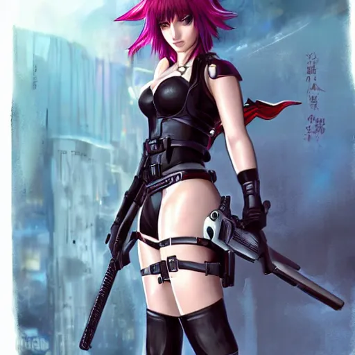 Image similar to concept art illustration of a beautiful young japanese christina hendricks natalie portman as lara croft motoko kusanagi anime protagonist, wearing tokyo harajuku street fashion combat warrior fantasy bikini, intricate, elegant, gorgeous, stunning, alluring, art by hyng tae kim, art style of blade and soul